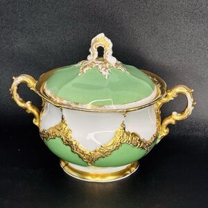 Antique Meissen Porcelain Gold Encrusted B Form Green Sugar Bowl & Lid  AS IS